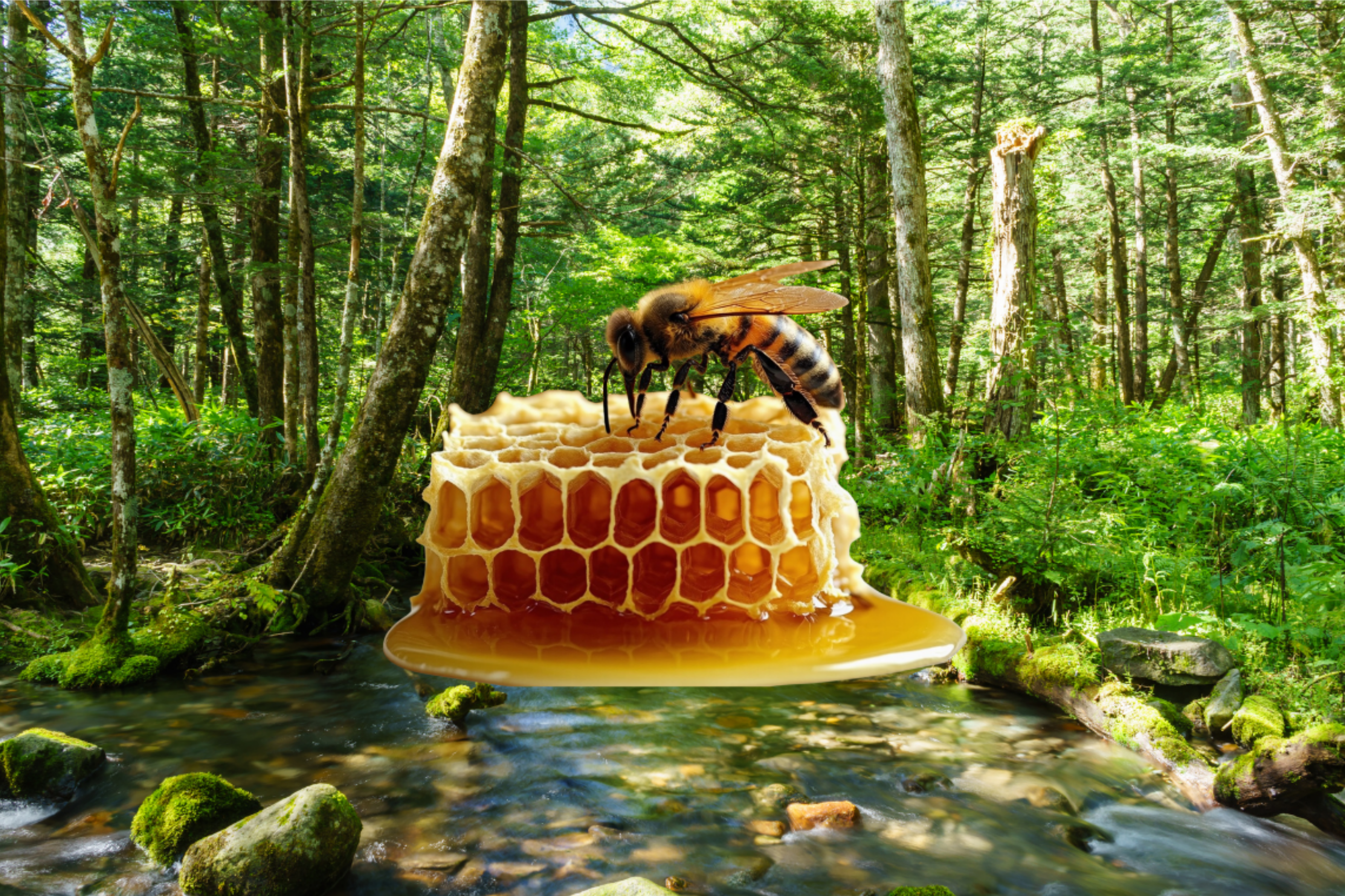 Una abeja sobre un panal de miel reposa en un río de agua cristalino dentro de un bosque, dan vida al hidromiel.