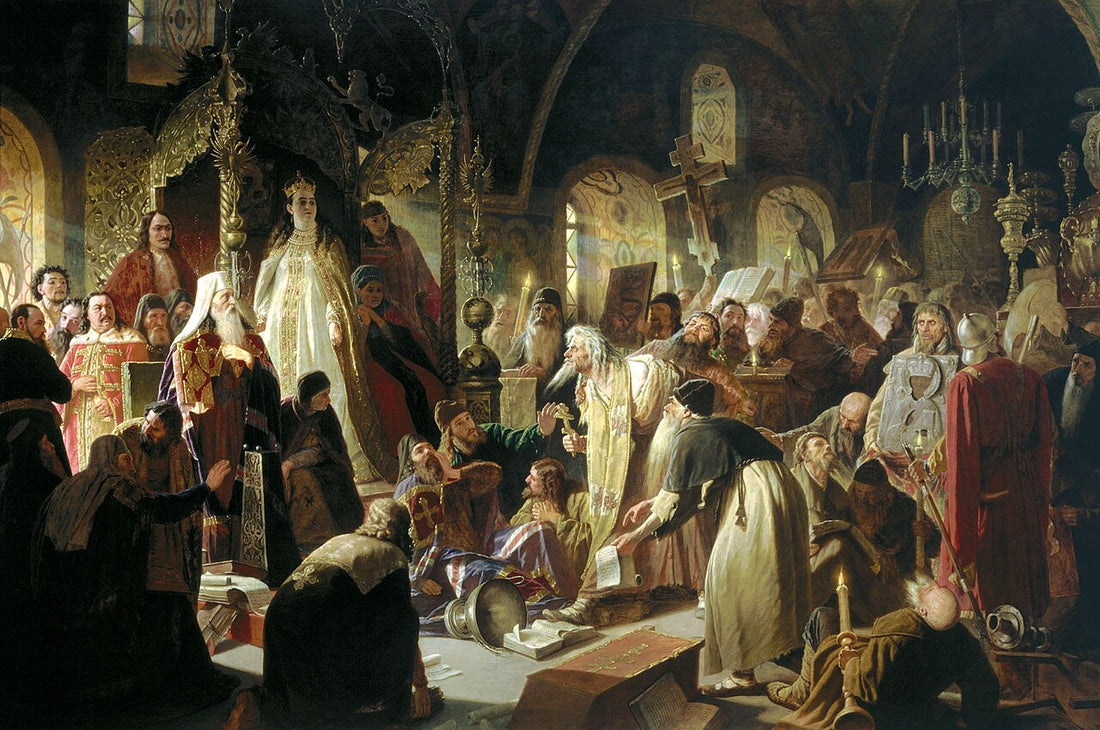 Un sacerdote de los viejos creyentes, Nikita Pustosviat, en una disputa con el Patriarca Joaquín sobre asuntos de fe. Pintura de Vasili Perov.