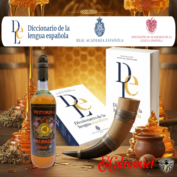Botella de Victoria o Valhalla y cuerno de hidromiel con el Diccionario de la Real Academia Española sobre un fondo en tonalidad de miel.  