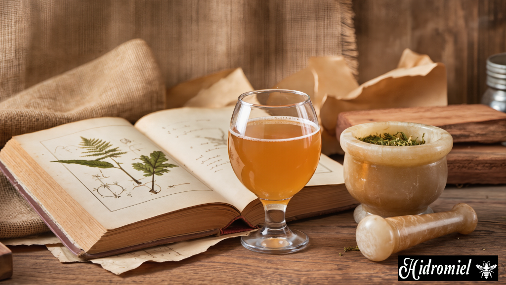 Una copa de hidromiel artesanal junto a un libro antiguo con imágenes de botánicos a lado de un mortero de piedra con botánicos dentro, todo sobre una mesa de madera