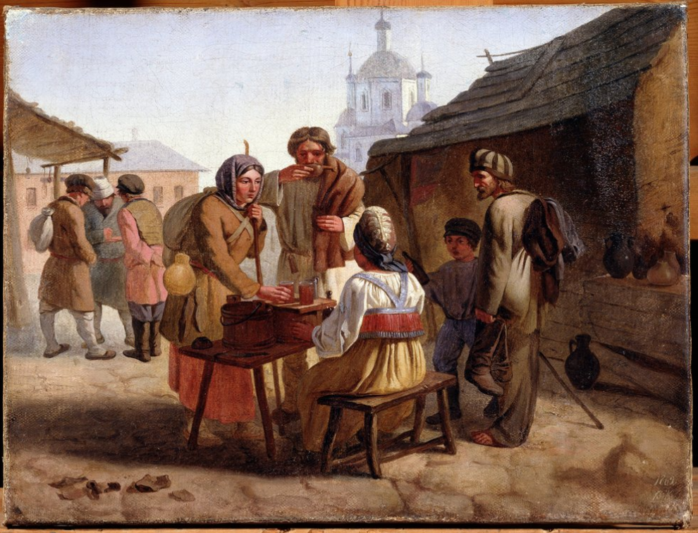 ""Un vendedor ambulante de kvas"" Kwas (o kwass) es una bebida similar a la cerveza, popular en Rusia y los países del Este. Pintura de Vasili Yefimovich (1839-?) 1862 Museo Estatal de Arte de la República de Chuvash, Cheboksary